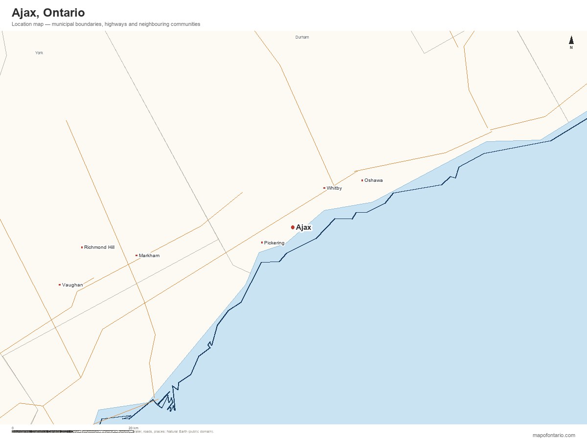 Printable map of Ajax, Ontario showing municipal boundaries, highways and neighbouring communities