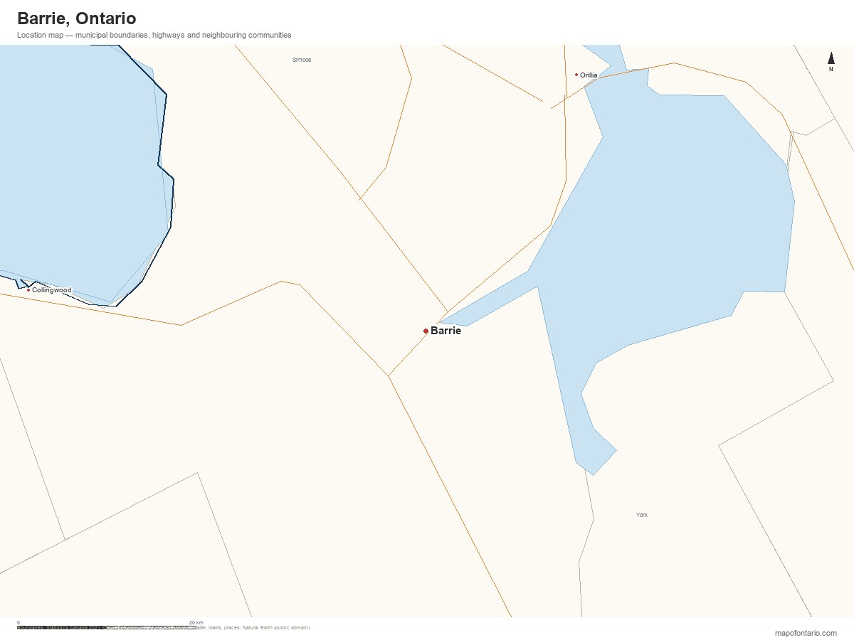 Printable map of Barrie, Ontario showing municipal boundaries, highways and neighbouring communities