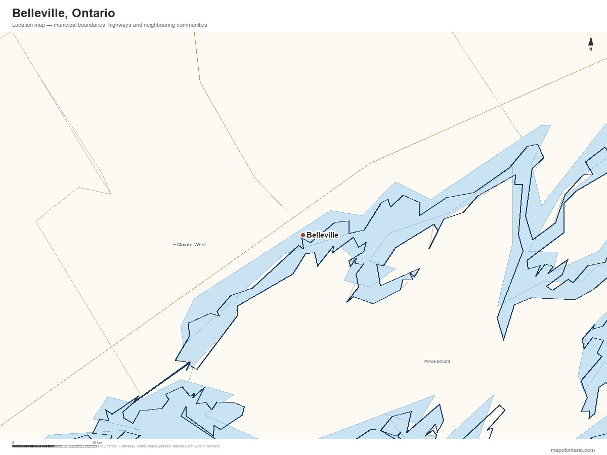 Printable map of Belleville, Ontario showing municipal boundaries, highways and neighbouring communities