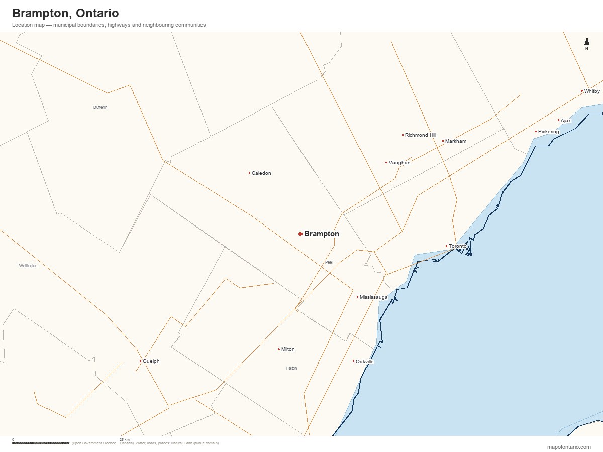 Printable map of Brampton, Ontario showing municipal boundaries, highways and neighbouring communities