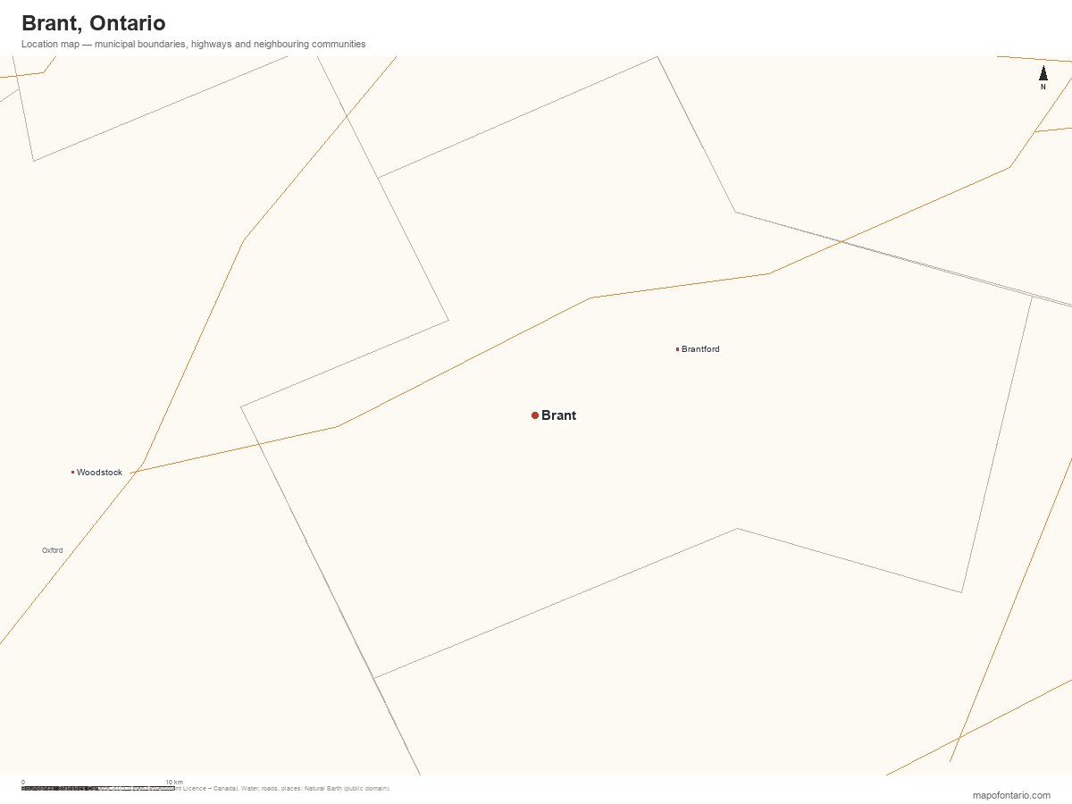 Printable map of Brant, Ontario showing municipal boundaries, highways and neighbouring communities