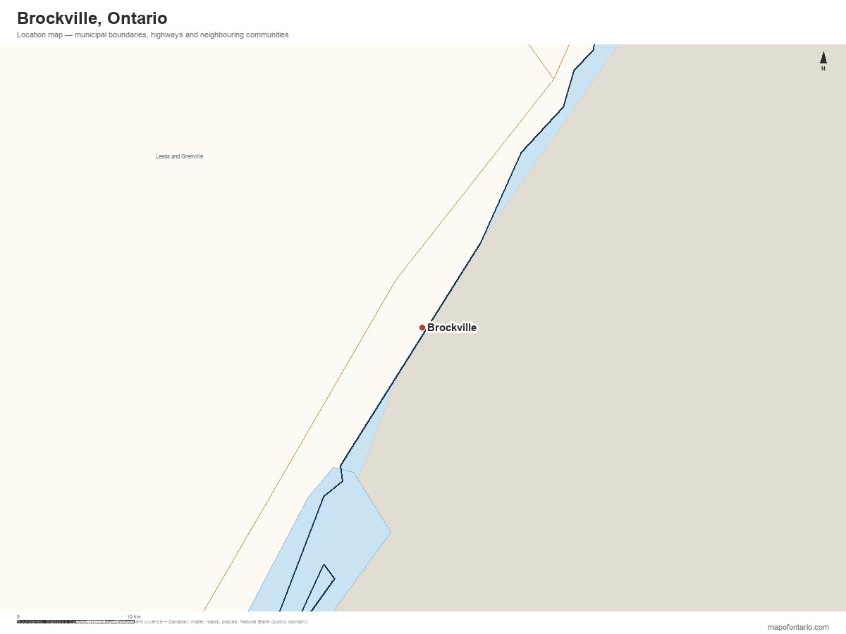 Printable map of Brockville, Ontario showing municipal boundaries, highways and neighbouring communities