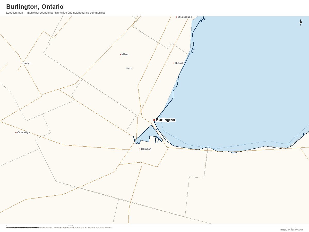 Printable map of Burlington, Ontario showing municipal boundaries, highways and neighbouring communities