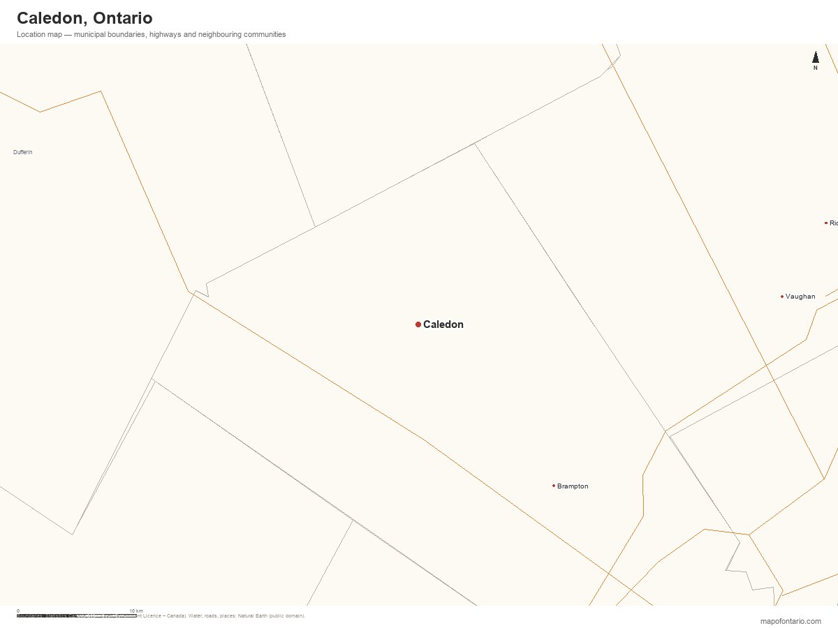 Printable map of Caledon, Ontario showing municipal boundaries, highways and neighbouring communities