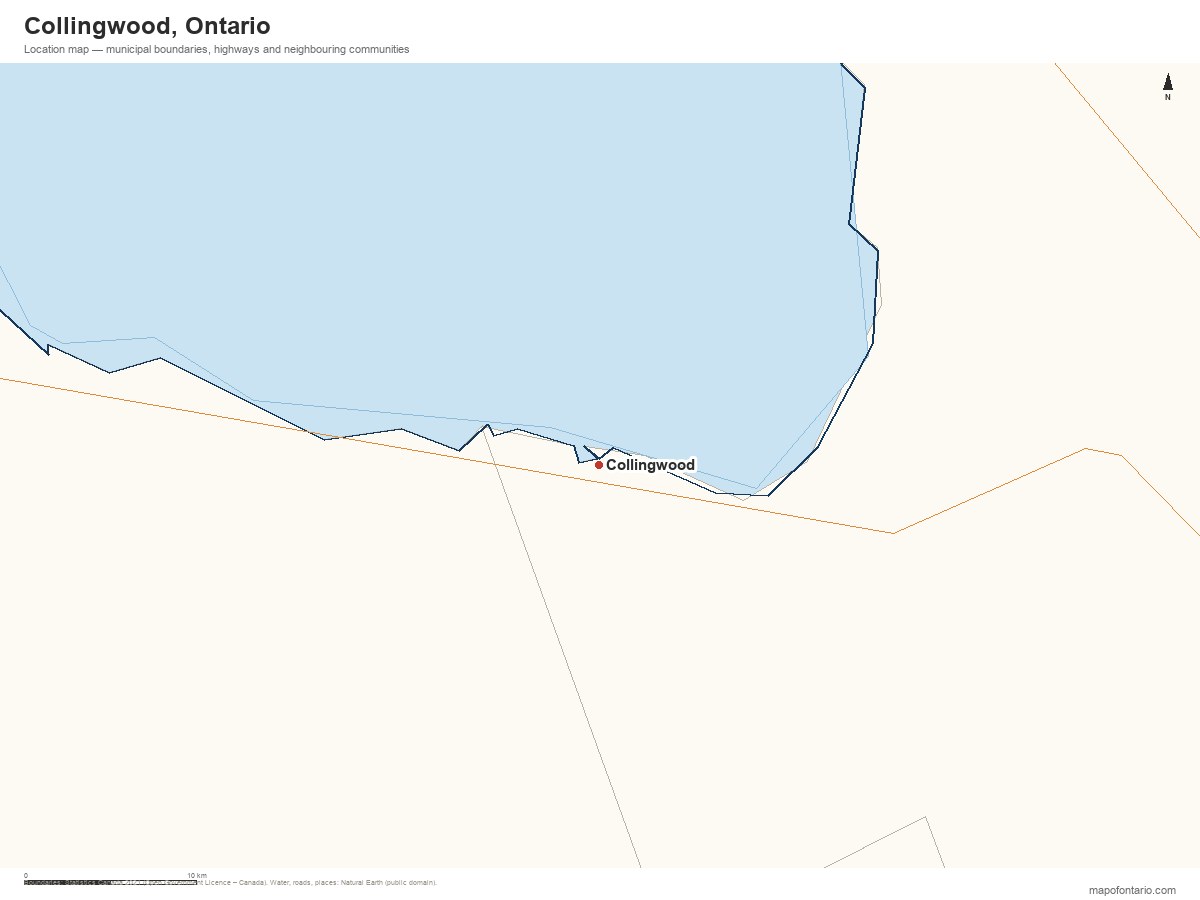 Printable map of Collingwood, Ontario showing municipal boundaries, highways and neighbouring communities