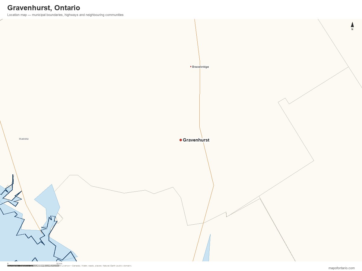 Printable map of Gravenhurst, Ontario showing municipal boundaries, highways and neighbouring communities