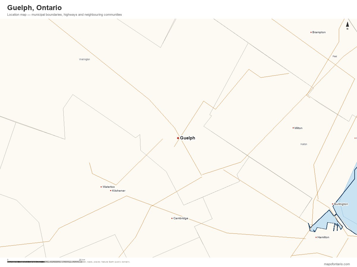 Printable map of Guelph, Ontario showing municipal boundaries, highways and neighbouring communities