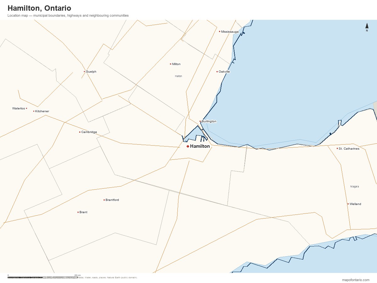 Printable map of Hamilton, Ontario showing municipal boundaries, highways and neighbouring communities