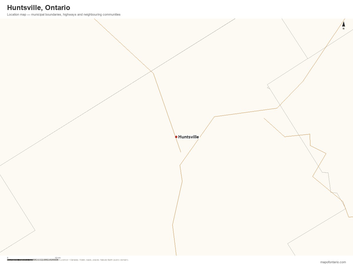Printable map of Huntsville, Ontario showing municipal boundaries, highways and neighbouring communities