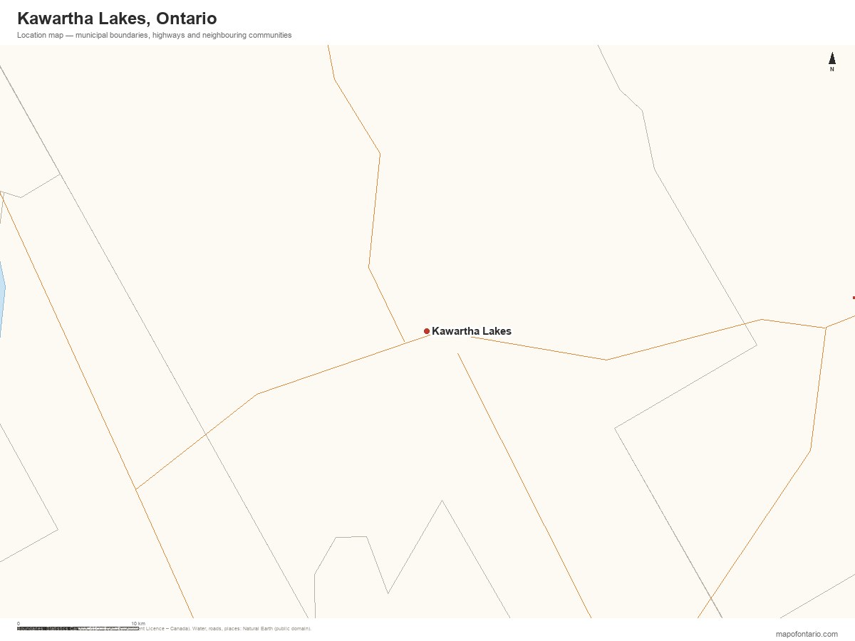 Printable map of Kawartha Lakes, Ontario showing municipal boundaries, highways and neighbouring communities