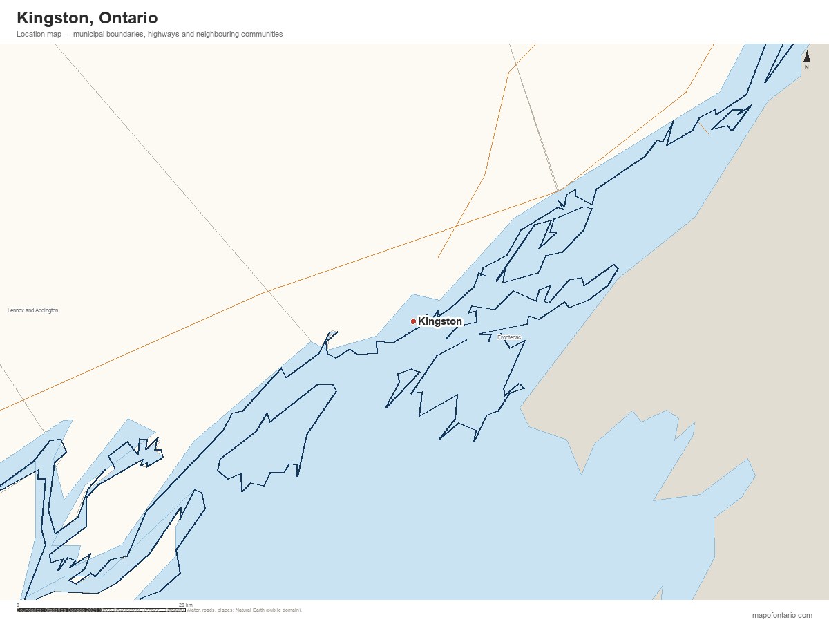 Printable map of Kingston, Ontario showing municipal boundaries, highways and neighbouring communities