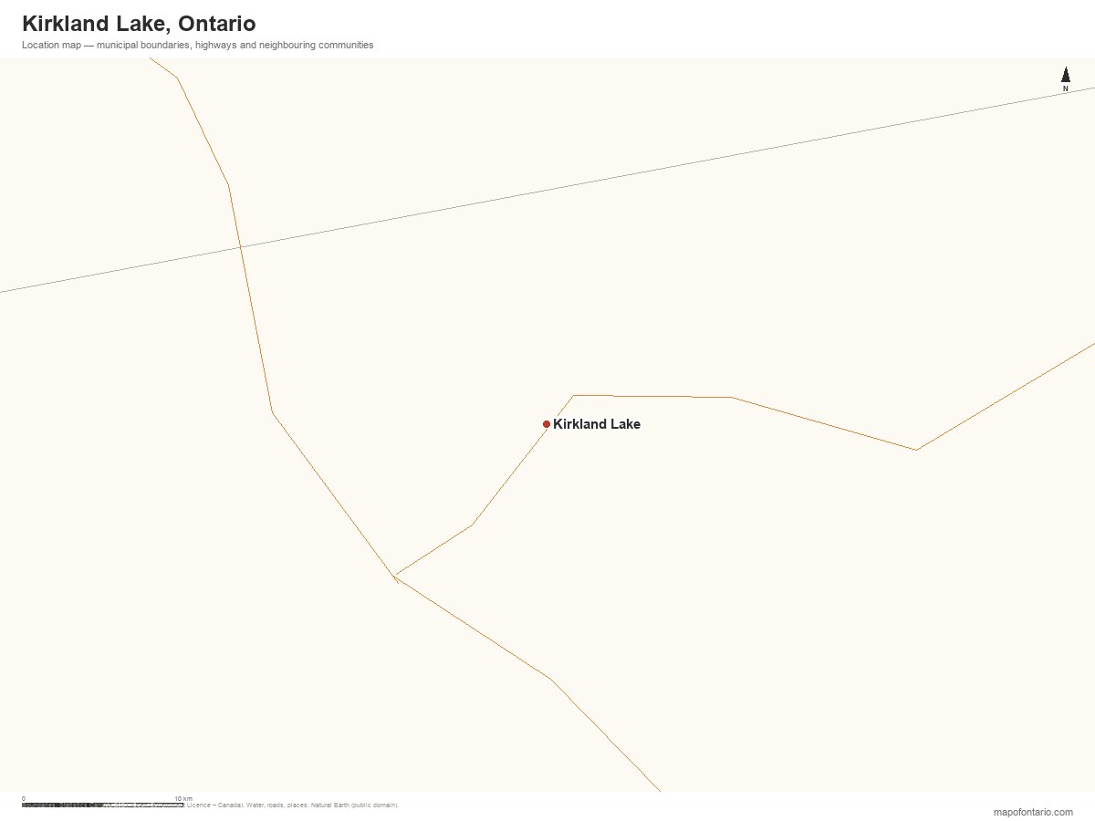 Printable map of Kirkland Lake, Ontario showing municipal boundaries, highways and neighbouring communities