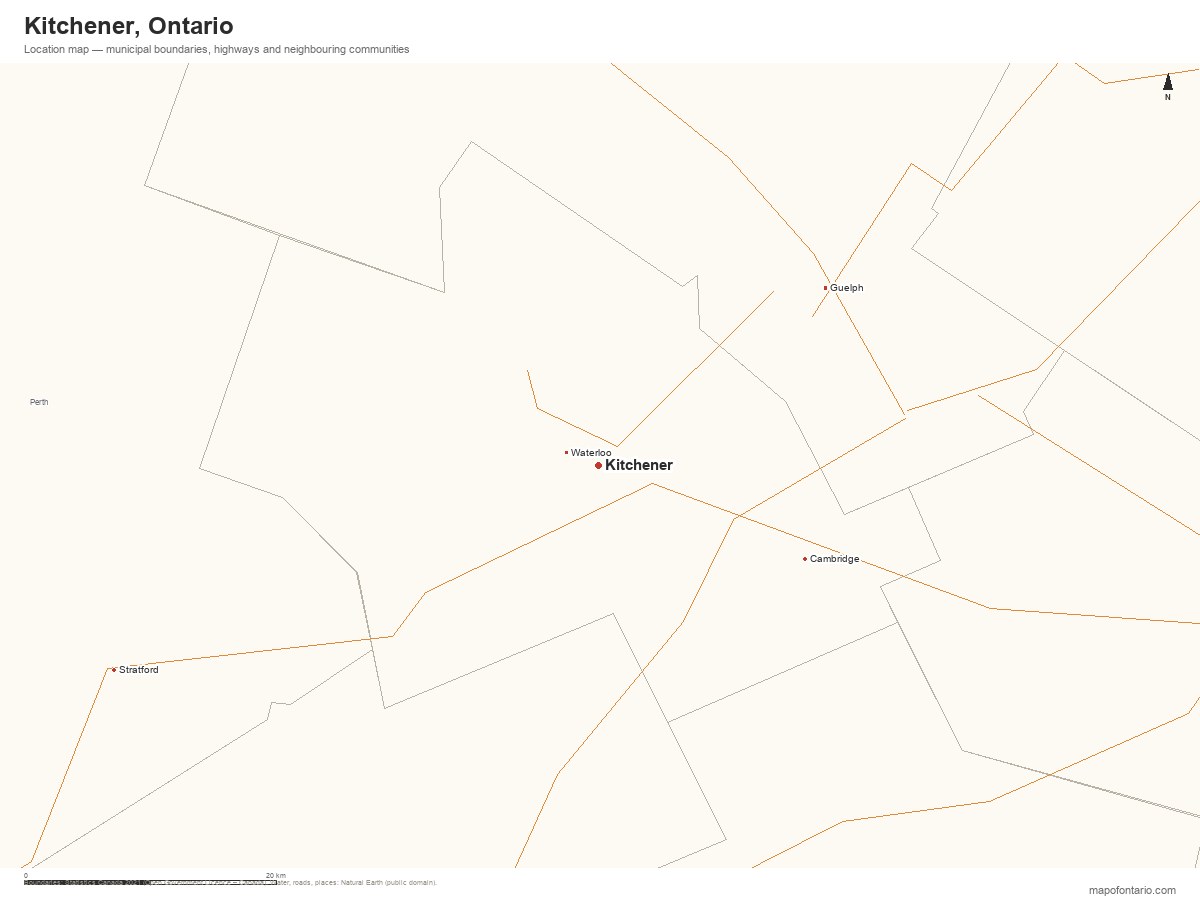 Printable map of Kitchener, Ontario showing municipal boundaries, highways and neighbouring communities