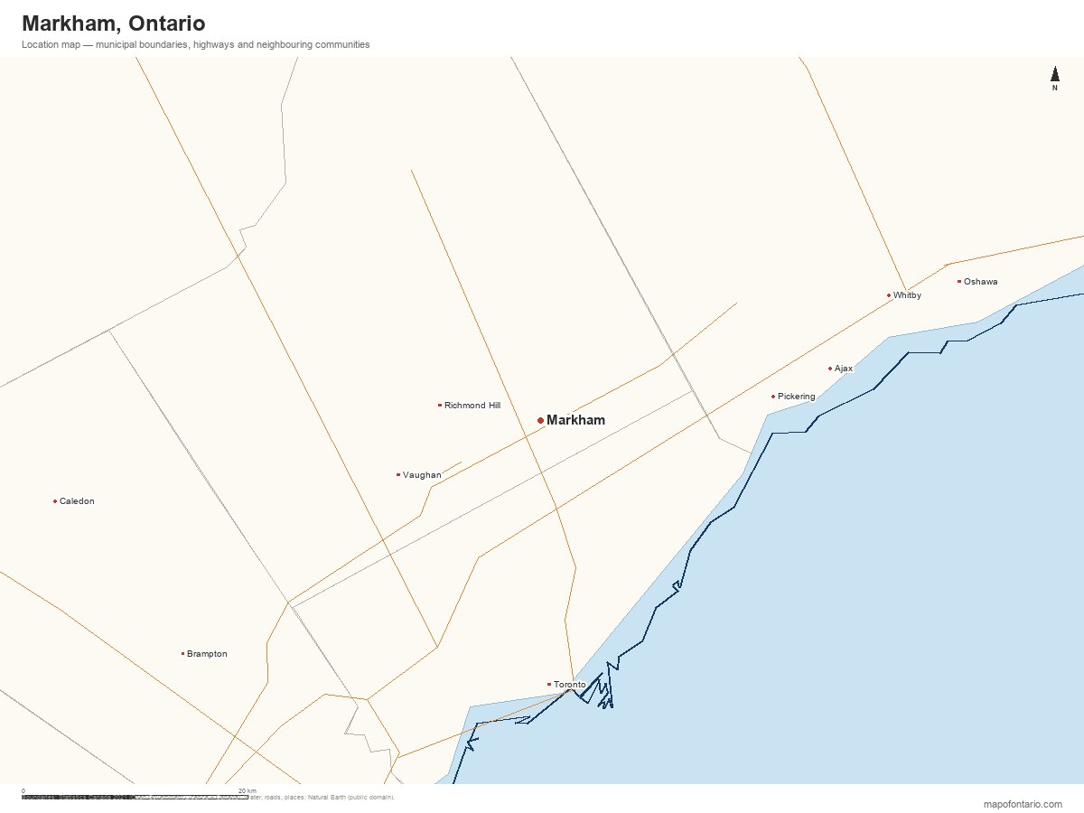 Printable map of Markham, Ontario showing municipal boundaries, highways and neighbouring communities