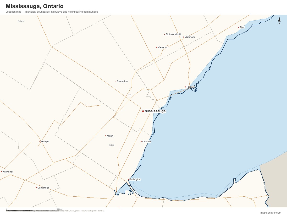 Printable map of Mississauga, Ontario showing municipal boundaries, highways and neighbouring communities