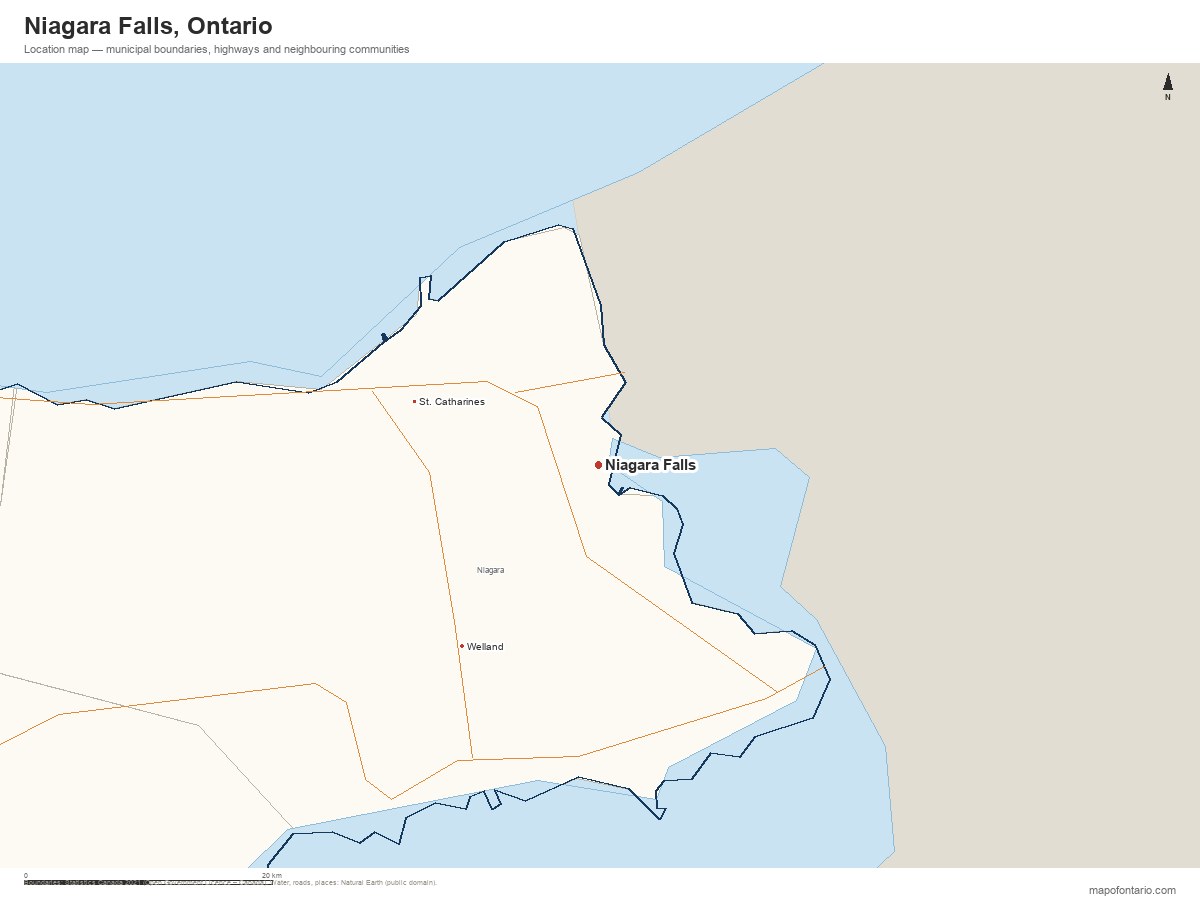 Printable map of Niagara Falls, Ontario showing municipal boundaries, highways and neighbouring communities