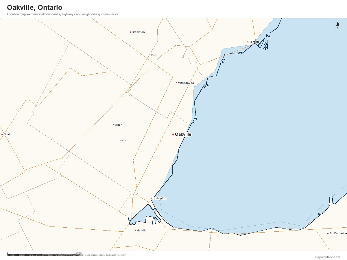Printable map of Oakville, Ontario showing municipal boundaries, highways and neighbouring communities