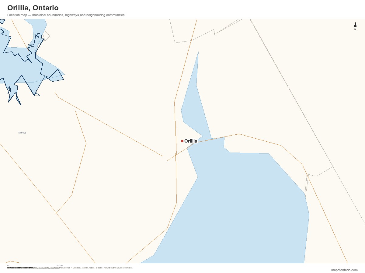 Printable map of Orillia, Ontario showing municipal boundaries, highways and neighbouring communities