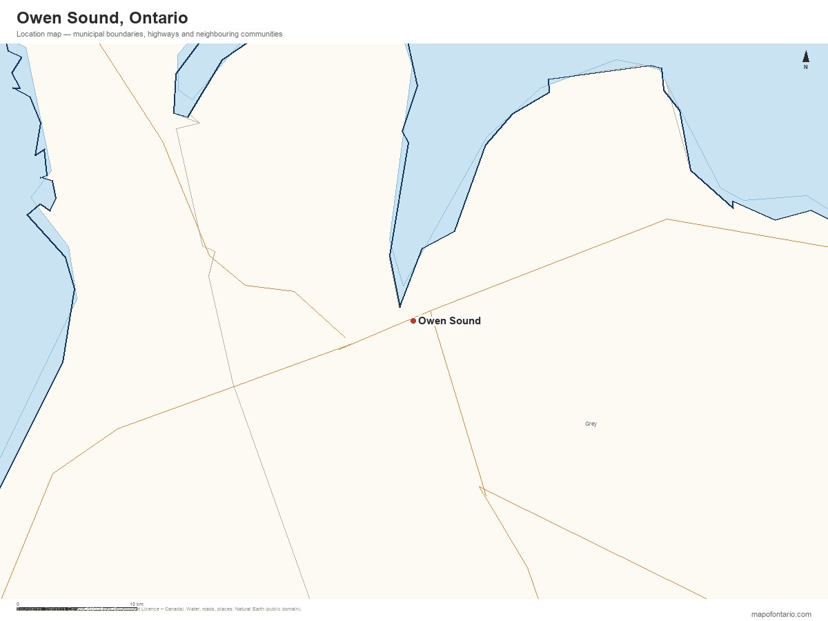 Printable map of Owen Sound, Ontario showing municipal boundaries, highways and neighbouring communities