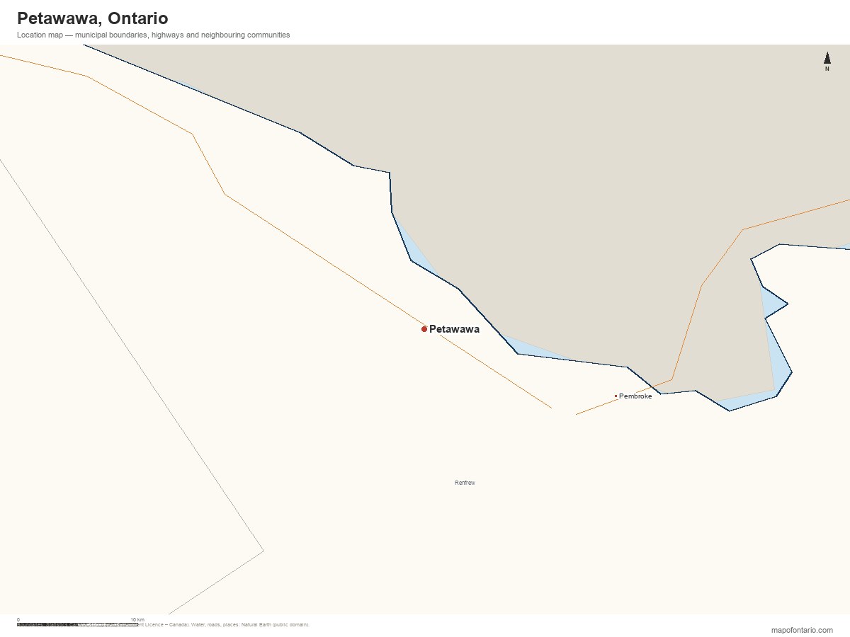 Printable map of Petawawa, Ontario showing municipal boundaries, highways and neighbouring communities