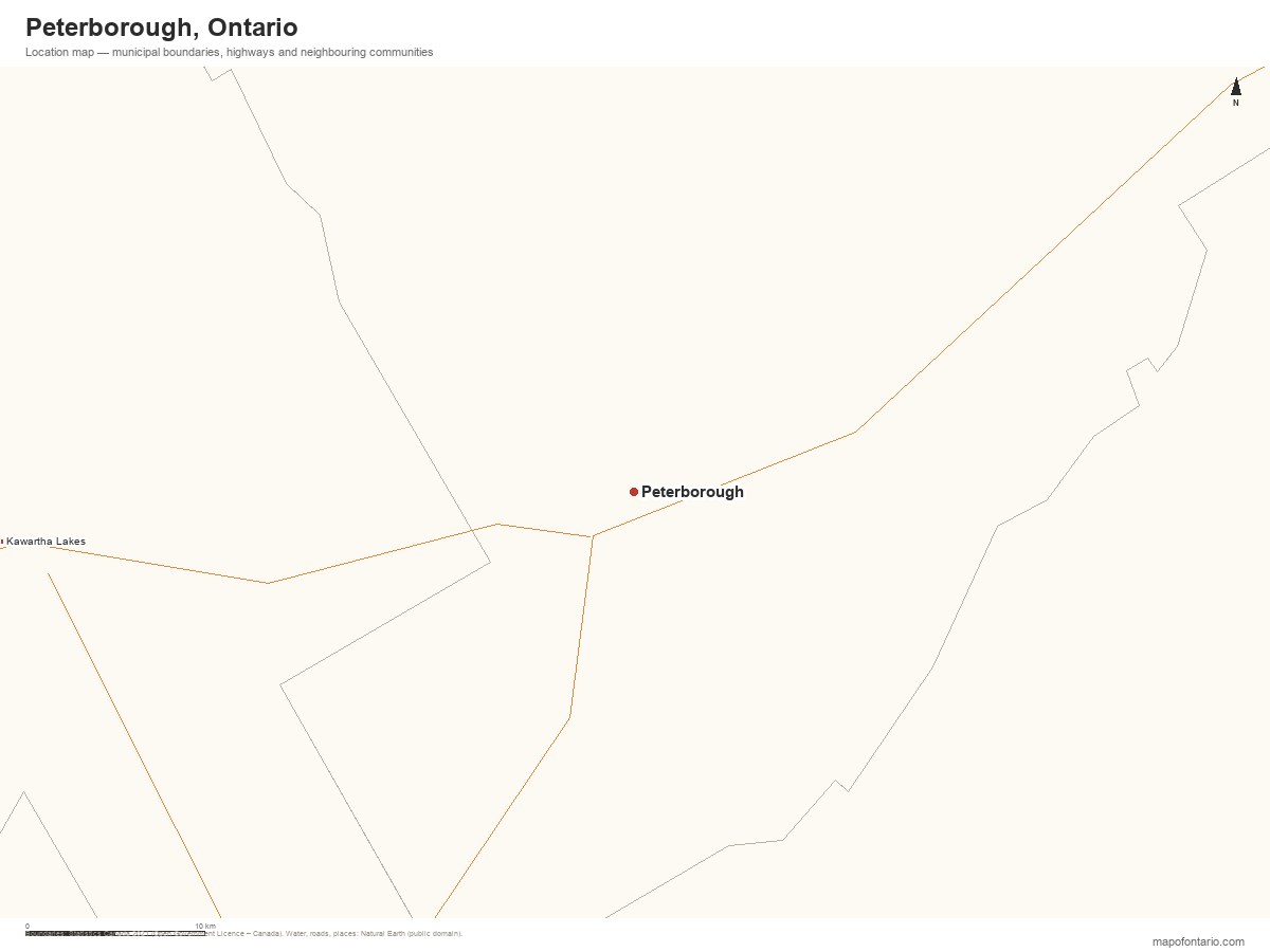 Printable map of Peterborough, Ontario showing municipal boundaries, highways and neighbouring communities