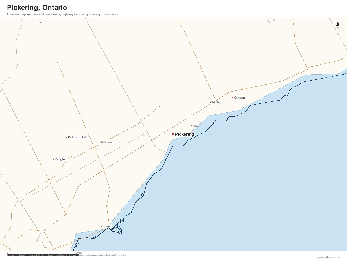 Printable map of Pickering, Ontario showing municipal boundaries, highways and neighbouring communities