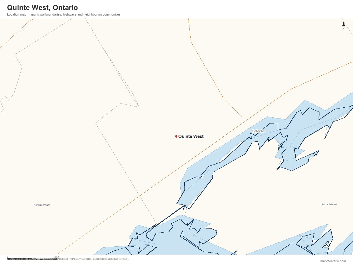 Printable map of Quinte West, Ontario showing municipal boundaries, highways and neighbouring communities