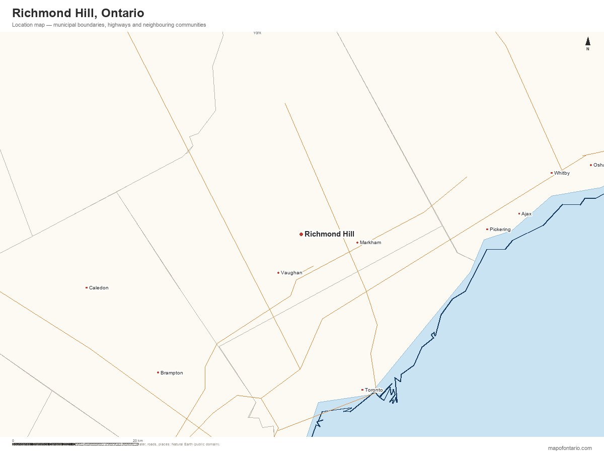 Printable map of Richmond Hill, Ontario showing municipal boundaries, highways and neighbouring communities