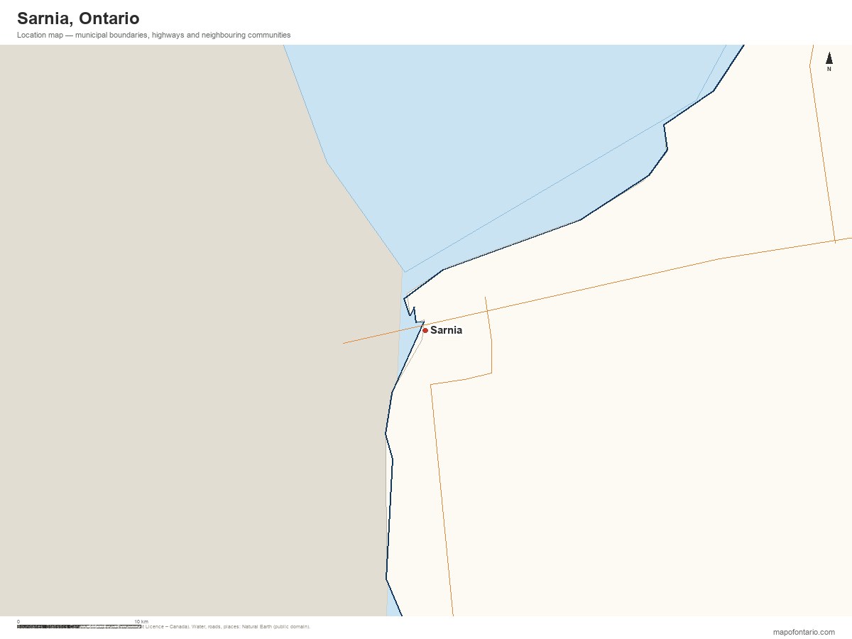 Printable map of Sarnia, Ontario showing municipal boundaries, highways and neighbouring communities