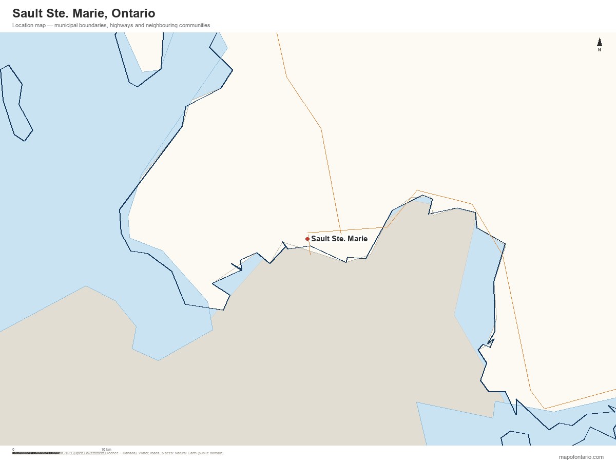 Printable map of Sault Ste. Marie, Ontario showing municipal boundaries, highways and neighbouring communities
