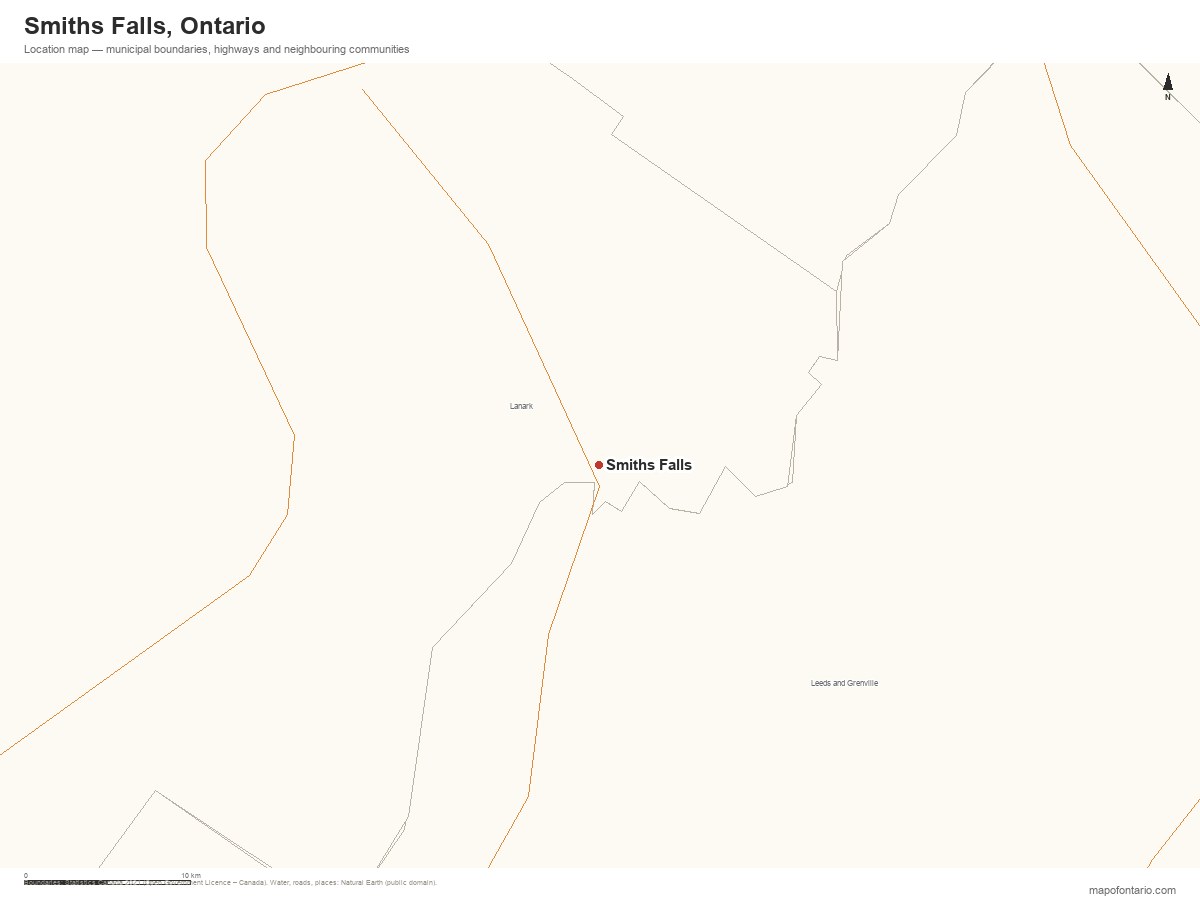 Printable map of Smiths Falls, Ontario showing municipal boundaries, highways and neighbouring communities