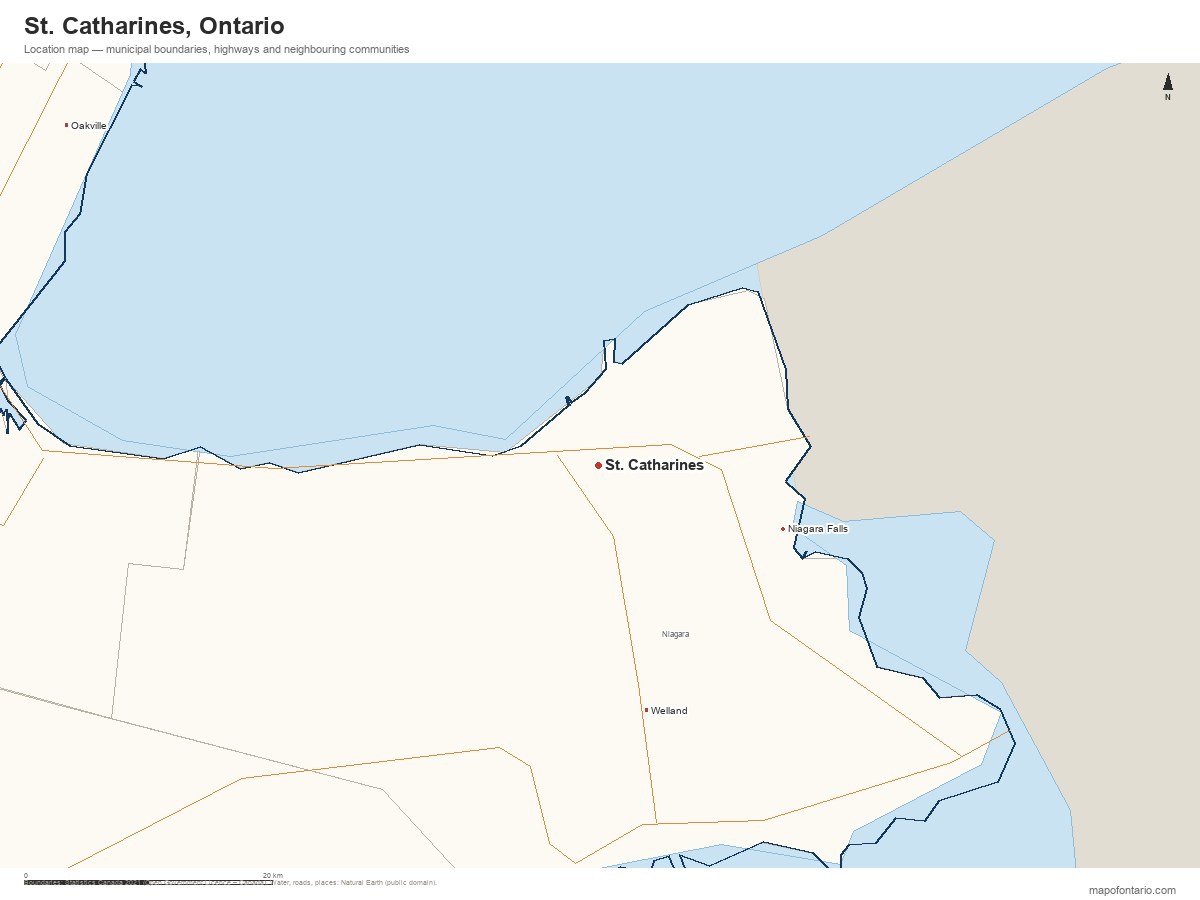 Printable map of St. Catharines, Ontario showing municipal boundaries, highways and neighbouring communities