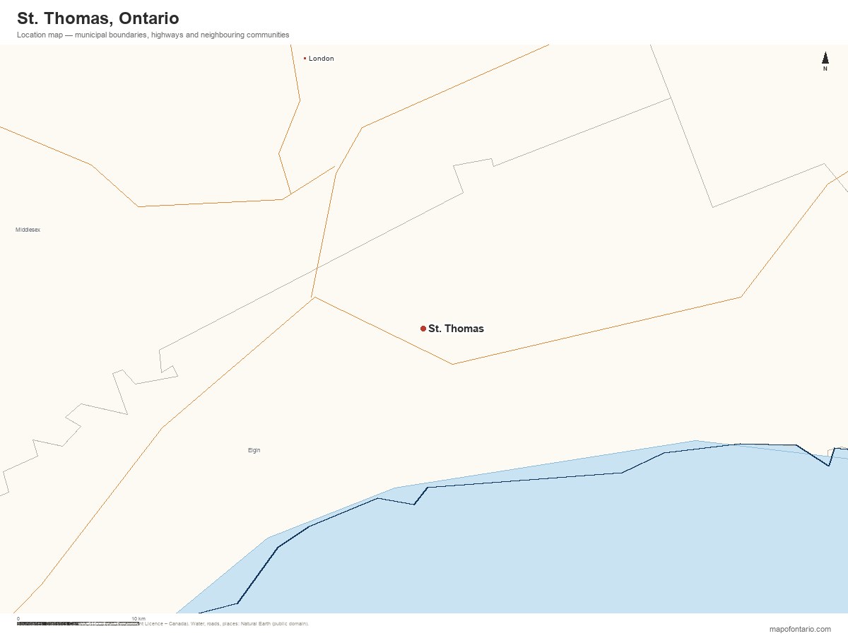 Printable map of St. Thomas, Ontario showing municipal boundaries, highways and neighbouring communities