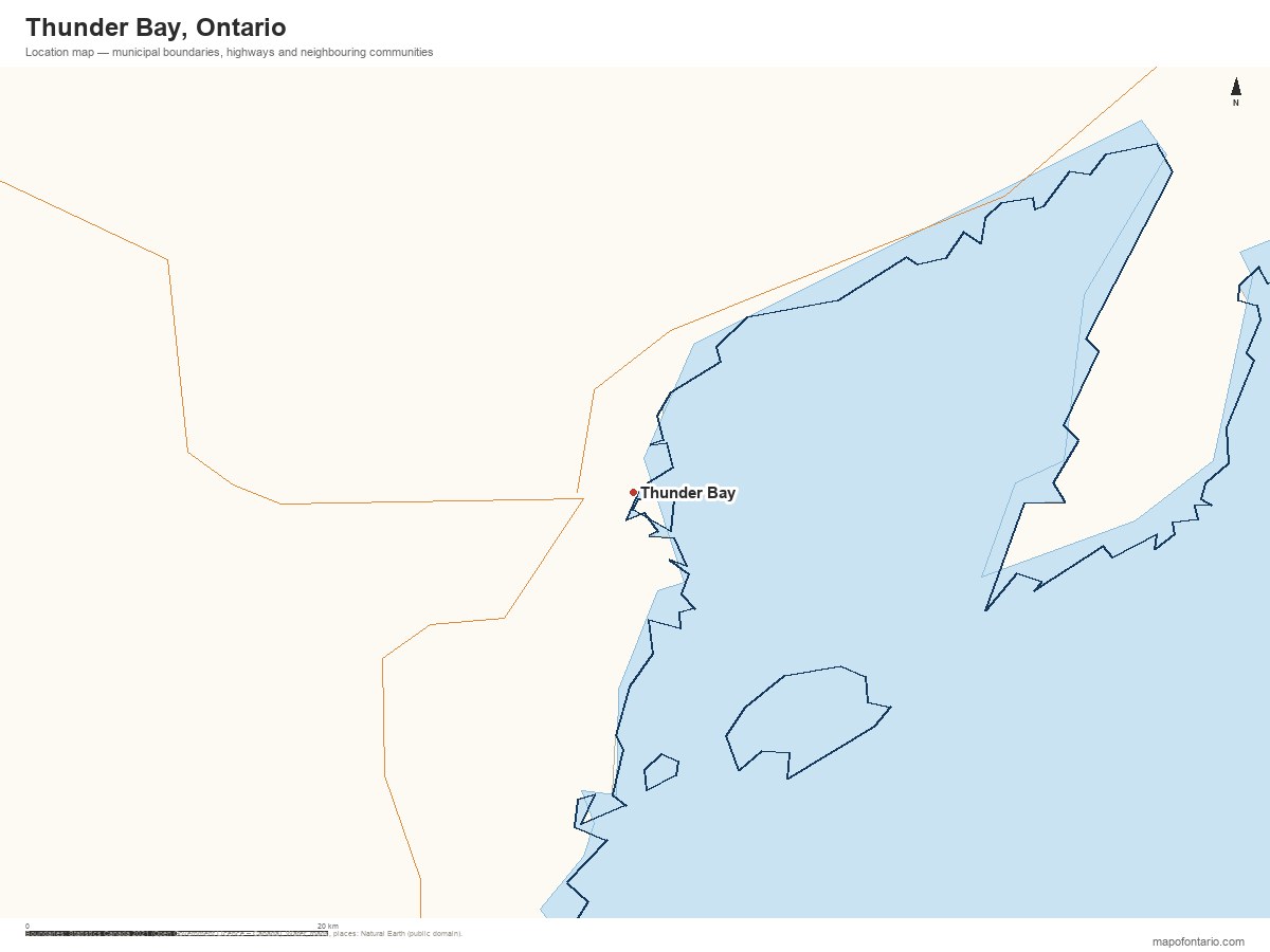 Printable map of Thunder Bay, Ontario showing municipal boundaries, highways and neighbouring communities