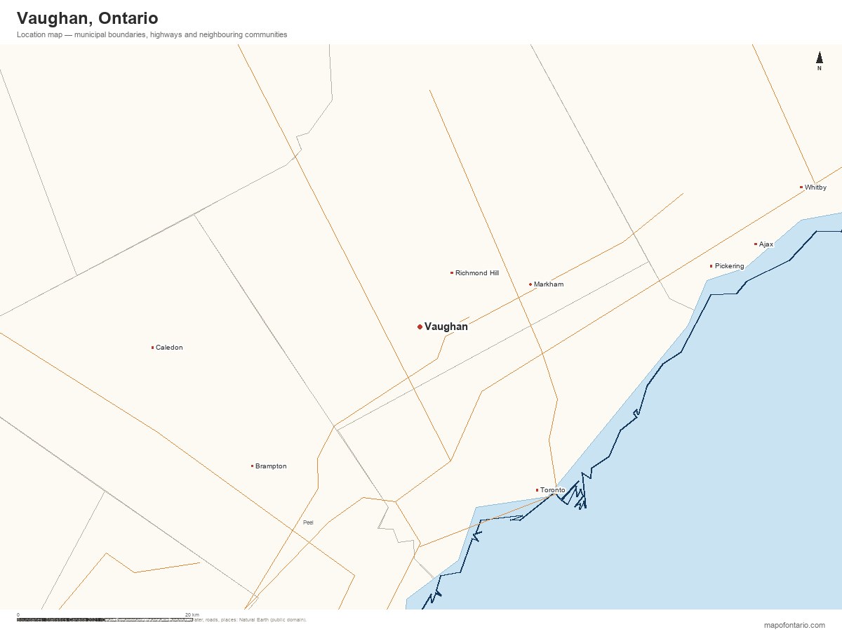 Printable map of Vaughan, Ontario showing municipal boundaries, highways and neighbouring communities