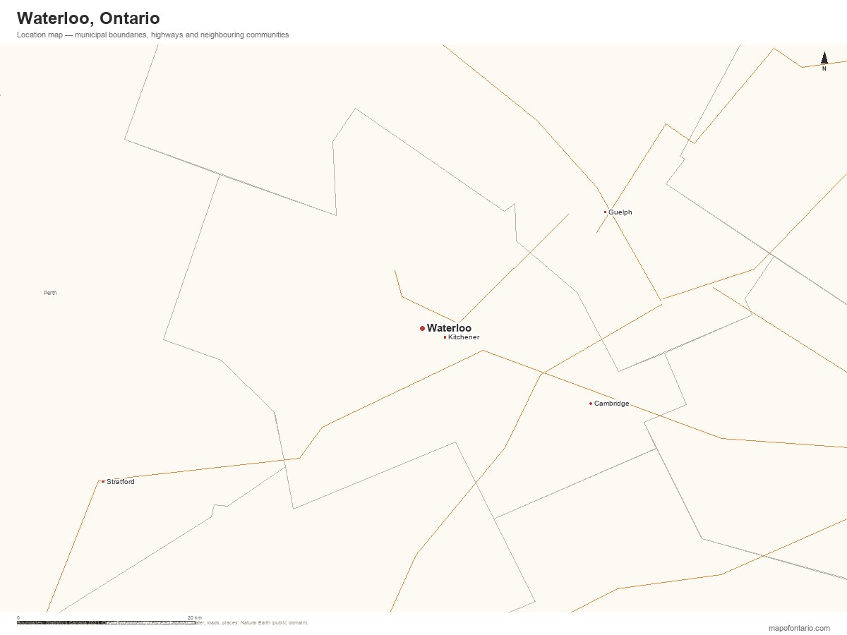 Printable map of Waterloo, Ontario showing municipal boundaries, highways and neighbouring communities