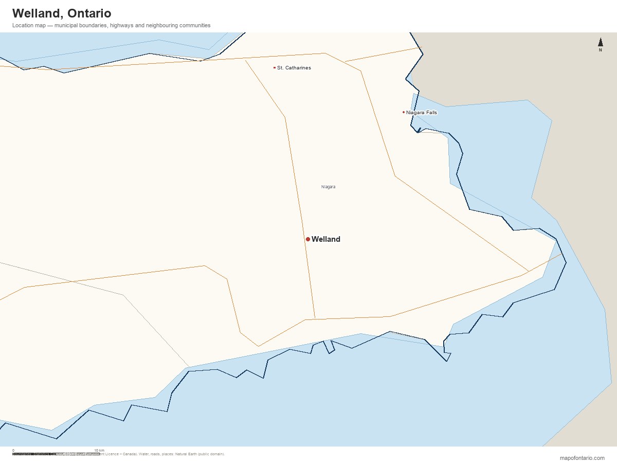 Printable map of Welland, Ontario showing municipal boundaries, highways and neighbouring communities