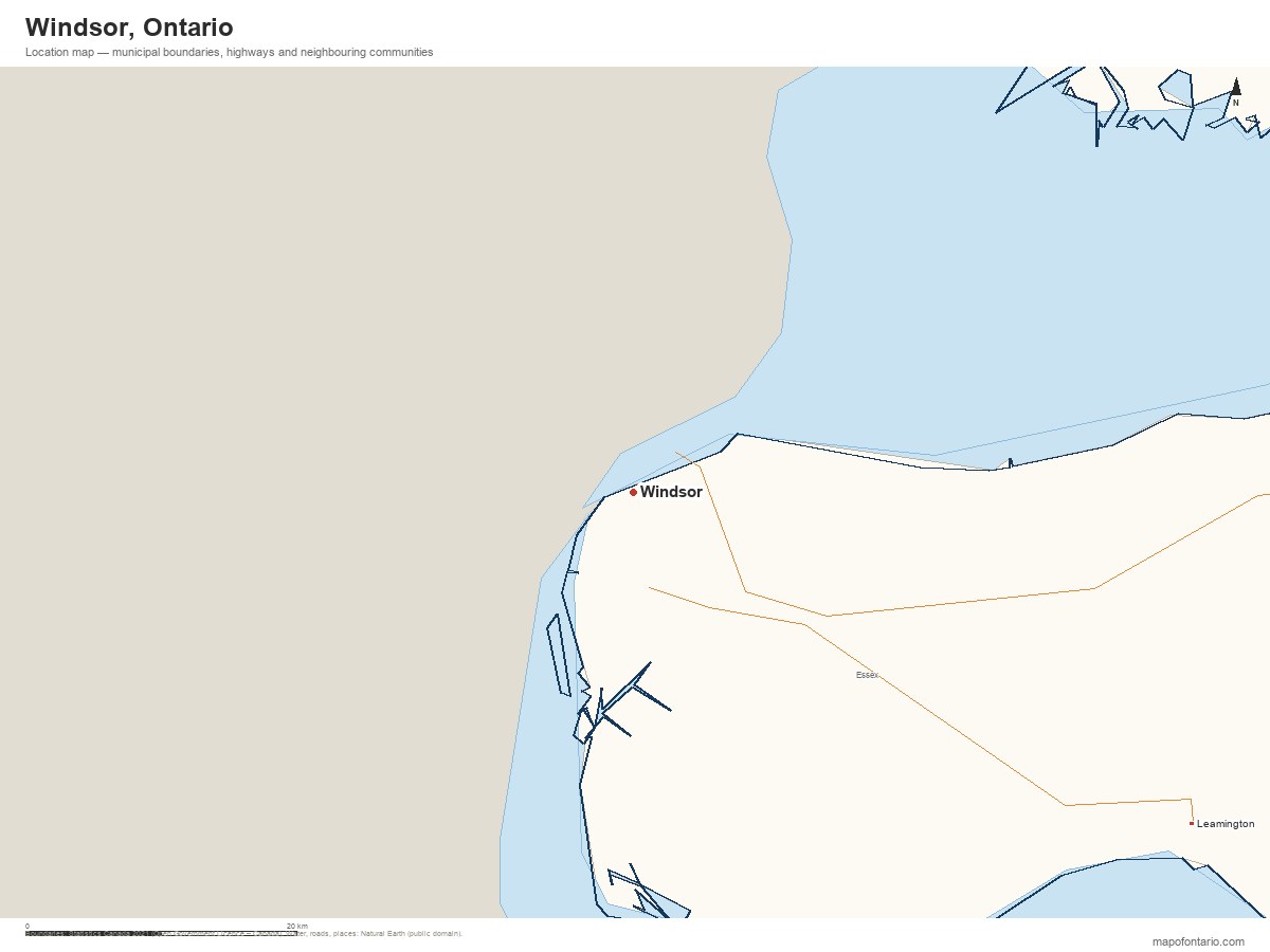 Printable map of Windsor, Ontario showing municipal boundaries, highways and neighbouring communities