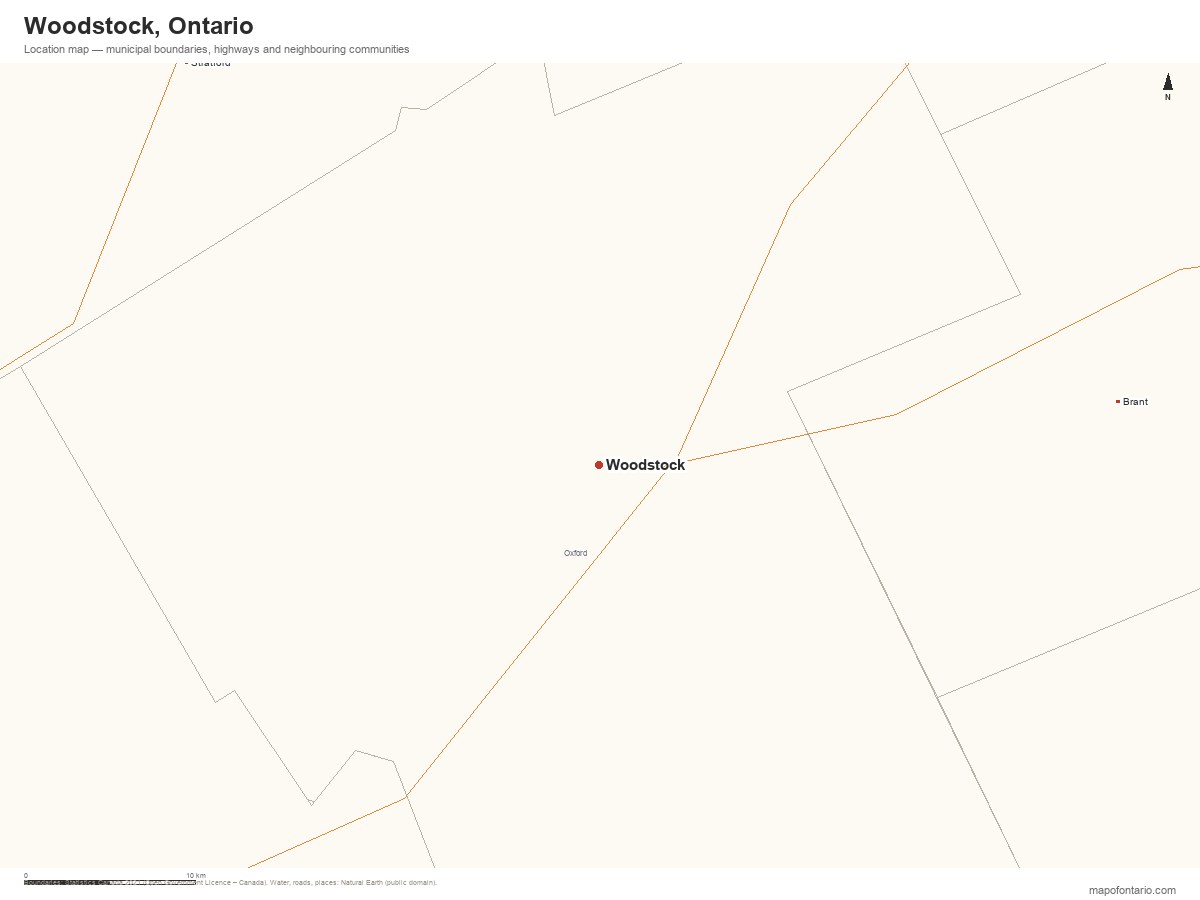 Printable map of Woodstock, Ontario showing municipal boundaries, highways and neighbouring communities