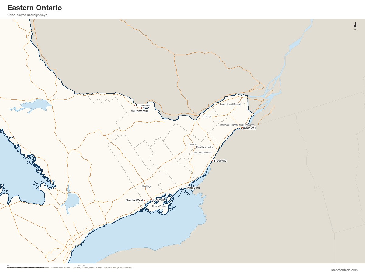 Map of Eastern Ontario showing major cities and boundaries