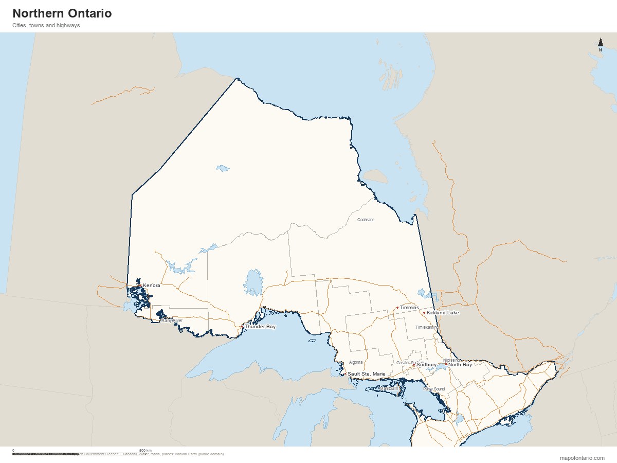 Map of Northern Ontario showing major cities and boundaries
