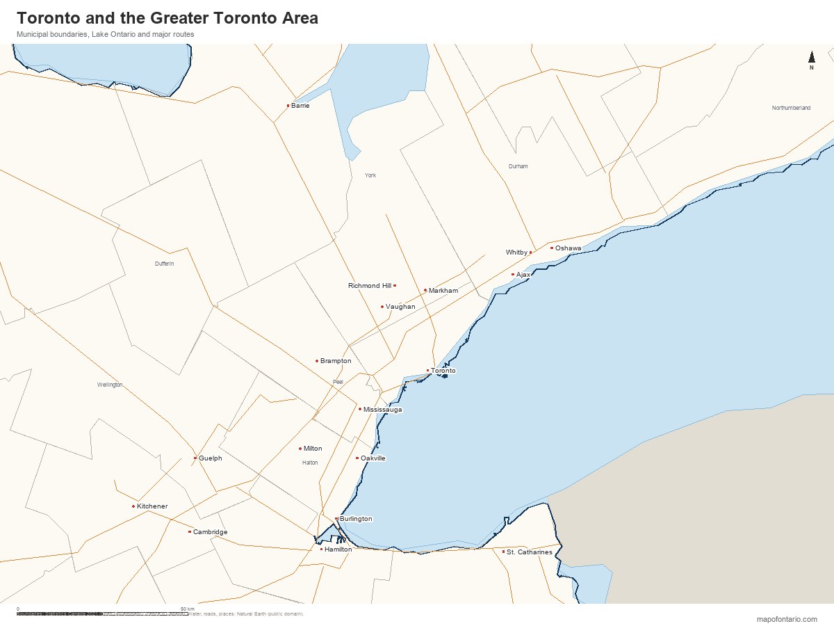 Printable map of Toronto, Ontario showing municipal boundaries, highways and neighbouring communities