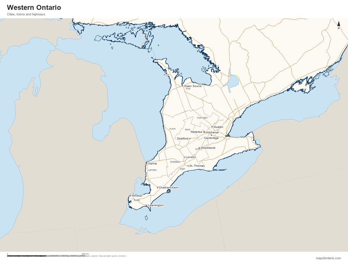 Map of Western Ontario showing major cities and boundaries